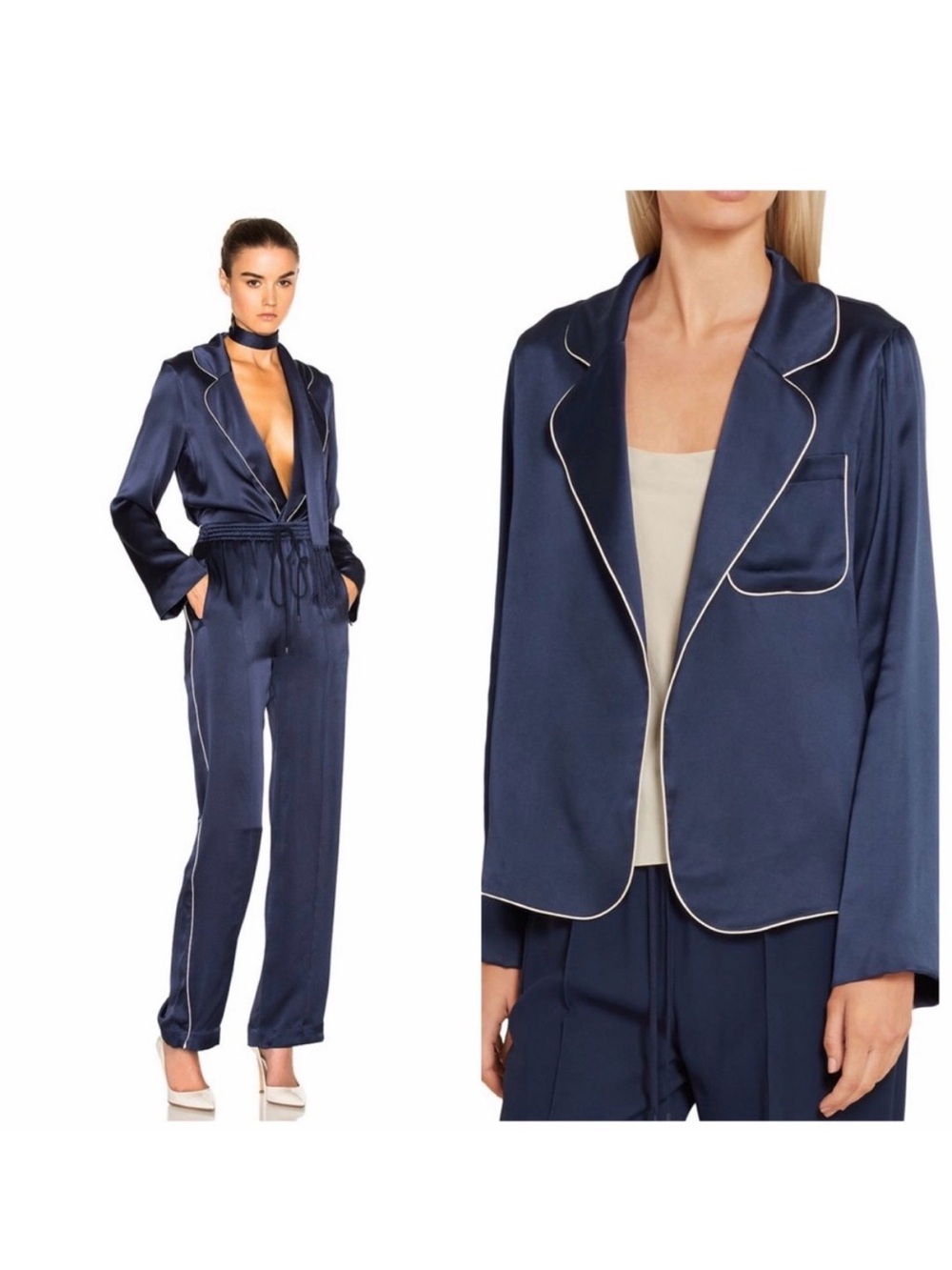 Chloé Navy Blue Silk Satin Pajama Blazer 8 Cocktail Work Casual NWT 🟠